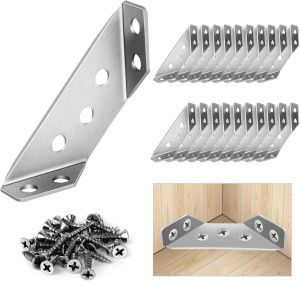 10Pcs Universal Stainless Steel Furniture Corner Connector Angle Corner Bracket with Screws Corner Braces Corner Connectors for Shelves Wood Furniture Cabinets