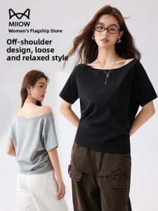 Miiow | Loose Shoulder Womens T-shirt Cotton Short Sleeve One-Shoulder Design Summer Casual Comfortable Cool Style Pure Color Top