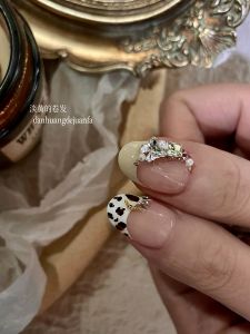 Handmade Watercolor Nail Art Decals Short Almond French Style Glitter Diamond Design Wearable False Nails Bright Color Series