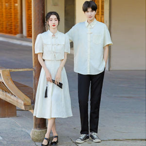 New Chinese Style Couple Matching Outfit High Waist Qipao Dress Set Summer Short Sleeve A-Line Midi Skirt Elegant Sensation
