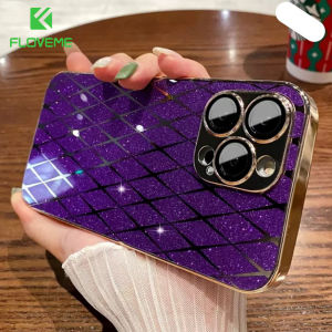 FLOVEME Plating Rhombic Lattice Glitter Phone Case For iphone 14 13 12 Pro Max 14 Plus With Lens Film All-inclusive Silicone Soft Back Cover For iphone 14 13 12