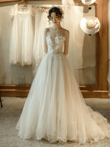French Light Wedding Dress Bride Fancy Retro Tube Top Mori Style Lace Wedding Veil Super Fairy Little Tail Welcome Dress