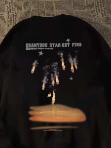 American Street Trendy Meteorite Printed Crew Neck Sweatshirt Men and Women Loose Fashion High Street Hiphop Bottoming Shirt Tops