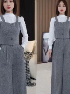 Grey Splice Long Sleeve Womens High Waist Wide Leg Pants Suit Early Autumn Fashion Set Buttoning Polo Collar Two-Piece Set