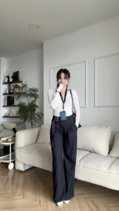 Quần ống rộng nữ xanh xám đậm GYOMADE® chất Denim cao cấp có khoen lưng đứng form mềm rũ tôn dáng | GQ019