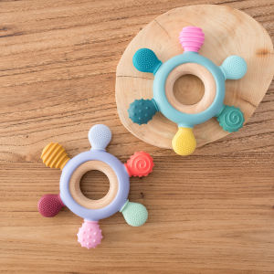 Color Kids 1PCS Silicone Baby Teether Toy BPA Free Wooden Ring Teething Chew Toy Healthy Infant Nursing Gift Newborn