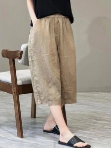 Pure Color Minimalist Cotton and Linen Cropped Loose Pants Womens Summer Thin Elastic Waist Slim Looking Plus Size Plus Size Ladies Linen Straight Pants