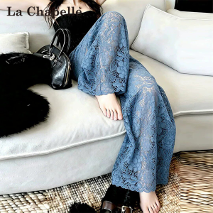 La Chapelle | Ice Blue Lace Hollow Out Casual Wide Leg Jeans