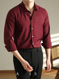 Business Gentleman Long Sleeve Silk Smooth Anti-Wrinkle Mens Shirt Wedding Engagement Red Shirt Trendy Commuting Versatile