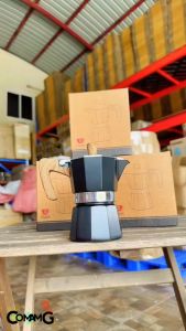 หม้อต้มกาแฟ MokaPot กาต้มกาแฟสดพกพา รุ่นหนาฐานเหลี่ยม หูจับลายไม้ มีหลายสี