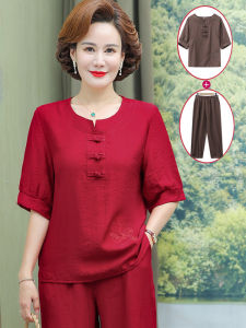 Summer Outfit Set for Middle-Aged Mothers Cotton Linen Short Sleeve Womens Two-Piece Set Fashionable And Comfortable