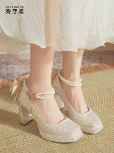 Champagne Color High Heels French Style Bride Shoes Crystal Embellished Womens Fashion Single Strap Mary Jane Shoes Ultra High Heels