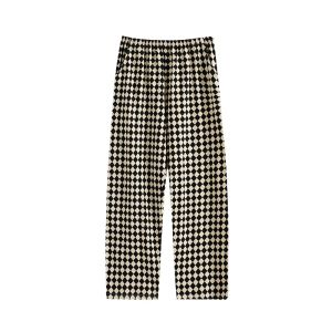 me home wear | Mens Check Pajama Pants Pure Cotton Loose Fit Drawstring Straight Leg