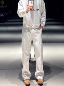 กางเกงวอร์มกีฬาชายทรงตรงเอวกลางผ้าฝ้ายทรงยาวทรงสลิมฟิตสีขาวและสีเทา กางเกงขายาวทรงตรงสำหรับผู้ชาย