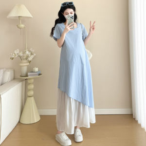 Summer New Fashion Square Neck Slim Illusion Two-Piece Look Maternity Dress