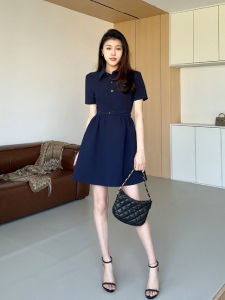 Elegant Blue Polo Neck Dress Slimming A-Line Short Skirt Summer Fashion Korean Style Polyester Fiber Confidence Girl Brand