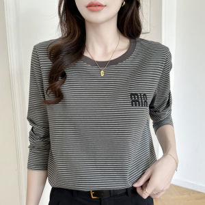Contrast Color Anti-Aging Top Cotton Striped Long Sleeved T-Shirt Womens Fall and Winter New Gray Shoulder Width Loose Inner Bottoming Shirt