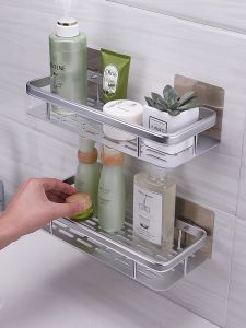 ตู้ครีมอาบน้ำแบบติดผนัง Shuang Qing Home Reside ทำจากอะลูมิเนียมอวกาศหนา ไม่ต้องเจาะรู ชั้นวางของในห้องน้ำแบบลำลอง