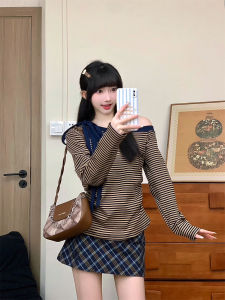 Korean Style Butterfly Knot Tie Side Shoulder Length T-Shirt Womens Retro Color Block Stripe Long Sleeve Sweet Spicy Waist Short Model