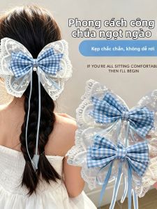 Children Girls Blue and White Check Lace Ribbon Hair Clip with Bow