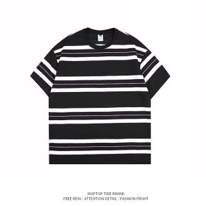 Loose Casual Stripe round Neck Short Sleeve Mens T-shirt Summer Trendy Brand Vintage Half Sleeve Body Shirt Cotton Polyester