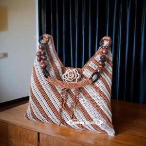 Handmade Crochet Hobo Bag Vintage Argyle Shoulder Bag Boho Knit Handbag with Wooden Beads
