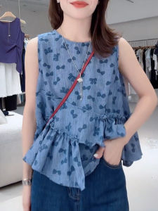 Shalldoer | French Vintage Butterfly Knot Print Asymmetrical Vest Womens Summer New Design Sensation Elegant Top Casual Style Sleeveless Round Neck