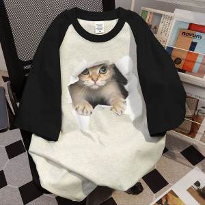 เสื้อทีเชิ้ตแขนสั้นลายแมวเหมียวแนวไฮสตรีทย้อนยุคสไตล์อเมริกันคอตตอนแท้เสื้อตัดต่อแนวเกาหลีวินเทจแบบใหม่2024ฤดูร้อนสำหรับผู้หญิง