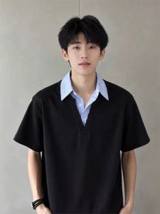 ZHUOCAN | Áo Polo Sọc Cổ Bẻ Giả Dạng Hai Mảnh
