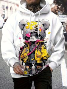 2025 Autumn Mens New Cartoon Cool Bear Printed Soft and Comfortable Hoodie Outdoor Urban Street Style Clothing