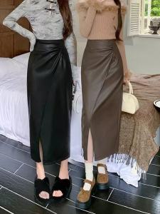 Asymmetrical PU Leather Skirt Skirt Womens Fall and Winter High Waist Slim Looking Mid Length Long Length Ruched Split Straight Office Lady Sheath Skirt
