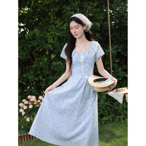 Đầm Dài Mùa Hè Voan Chấm Bi Màu Xanh Nhạt