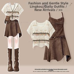 NUMEN BUTTON | Plus Size Summer Travel Outfit Retro Style Lace-up Top and Denim Skirt Two-Piece Set