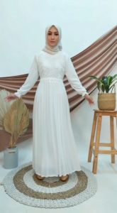 ELOK Hafizha Dress Putih Wanita Gamis Plisket Brukat Baju Muslim Lebaran Umroh Terbaru DCM1365