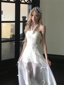 Beach Vacation Unique Beautiful Waist-Cinching Long Dress Elegant White Off-Shoulder Womens Summer Dress A-Line Silhouette