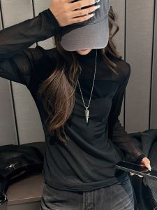 MiiOW | Áo thun nữ cổ cao tay dài lưới đen MiiOW Áo thun dài tay mùa thu thường ngày Áo thun cotton co giãn mặc trong và ngoài