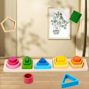 Montessori ไม้ Sorting Stacking ของเล่นรูปร่างสี Sort Block ปริศนาเด็กวัยหัดเดินเรขาคณิตซ้อนของเล่นสําหรับทารก Early Education