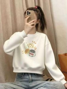 SUSHOUWANGE | Cartoon Print Fleece Short Round Neck Sweater for Women