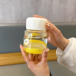 Chubby Cute Bottle 可爱胖胖杯 Cawan Kaca Bertutup Comel Tahan Panas Portable Transparent Glass Scale Lid Kitchen