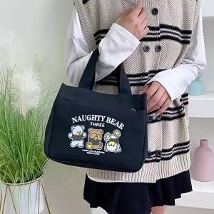 Bear Canvas Bag Female Student Tote Bag Simple Lunch Box Portable Handbag