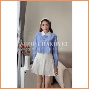 Áo Sơ Mi Kẻ Sọc Dáng Ngắn Tiểu Thư Hàn Quốc Sơ Mi Dáng Croptop Tay Phồng 1 Túi Phối Cổ Trắng Cực Sành Điệu A.8606