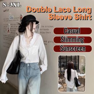 Korean Style Lace Plain Shirt V-neck Sun Protection For Women Casual Long Sleeve Blouse Top