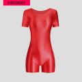 Body-Shaping Corsets Glossy Silky Underwear round Neck Bodybuilding Shiny Jumpsuit Men's and Women's Short-Sleeved One-Piece Boxers. 