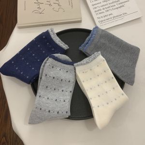 Blue Floral Woolen Womens Mid-Calf Socks Thickened Autumn Winter New Style Home Comfortable Breathable Antibacterial Socks