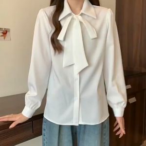 เสื้อเชิ้ตผู้หญิง แขนยาว สีขาว ผ้าบาง เสื้อสำหรับใส่ทำงาน