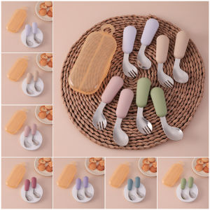 Color Kids 2PCS Silicone Self Feeding Set Stainless Steel Spoon Fork Grip Trainer BPA Free Infant Essentials Baby Newborn Items