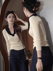 HUOLISI | Korean Style Patchwork Tea Rose V-Neck Long Sleeve Knit Sweater Slim Fit Women Autumn Winter