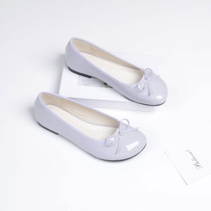 Elegant Bow Decorated Low-heel Round Toe Flats Leather Glossy Blue