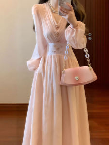 French Style V-Neck Waist Accentuating Long Dress
