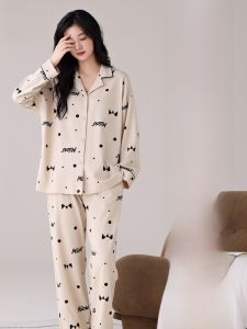 MiiOW | Bộ đồ ngủ cotton nguyên chất cho cặp đôi MiiOW dành cho nam và nữ mùa xuân thu dài tay áo len cardigan hở bên hông quần dài thoải mái